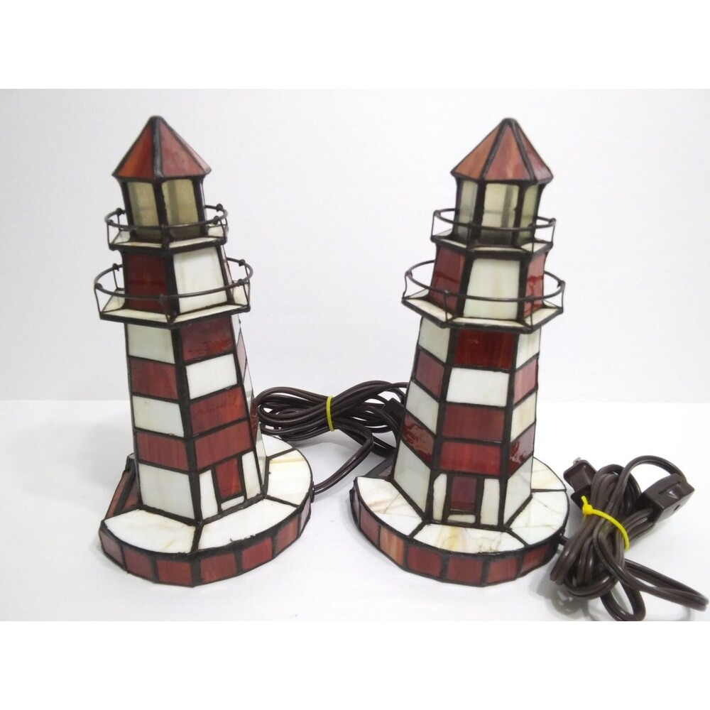 Lighthouse Table Lamps Night Lights Stained Glass Tiffany Style Set Red White